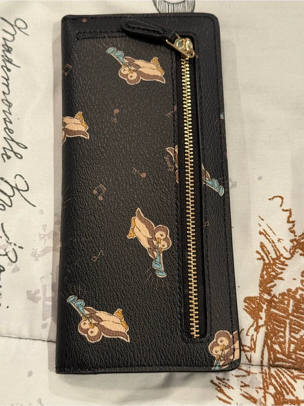 Coach Black Leather Long Wallet Penguin Print
